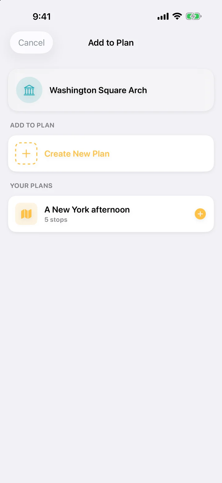 Send a place to tomorrow: Tap Plan It on a place sheet, then choose a plan or create one.