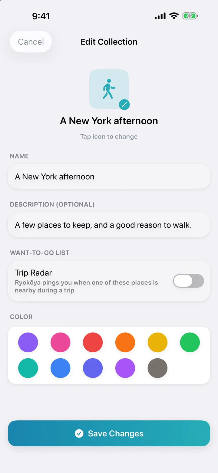 Give it a name worth keeping: Change a collection’s name, description, icon and color. Trip Radar is an optional Pro feature.