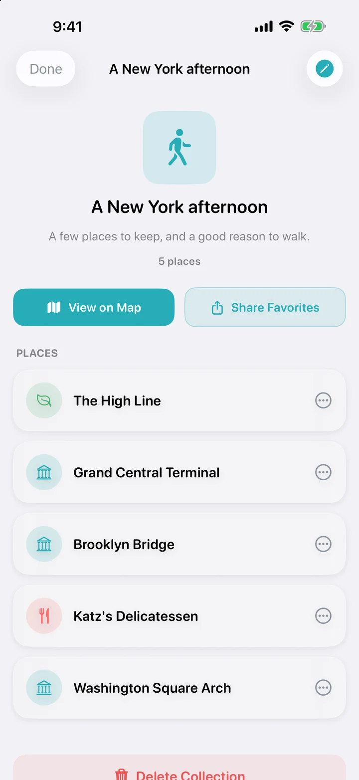 A collection you can keep shaping: Open a collection to see its places, edit its identity, view its map or share it.