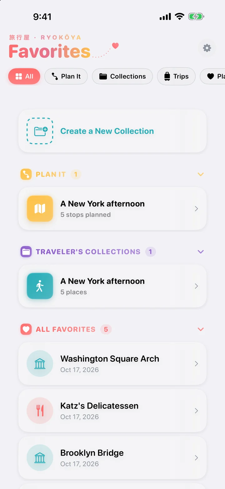 Your places have a home: Favorites brings together your own collections and saved places, with chips to narrow the view.