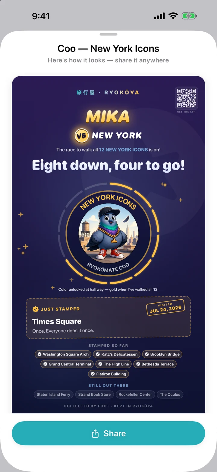 Coo, partway to gold: An existing demo pack share preview shows New York Icons progress. A first visit wakes a mate, halfway brings full color, and completion earns gold.