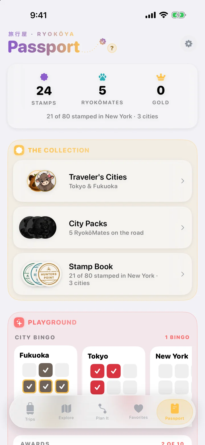 Everything you earned on foot: The Passport gathers neighborhood stamps, City Packs and the Playground.