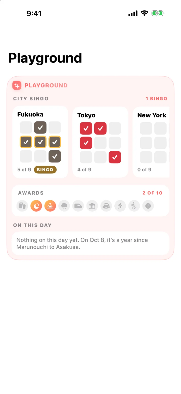 The playful side of your Passport: Bingo, awards and On This Day live in the Playground. New progress is worked out from finished trips.