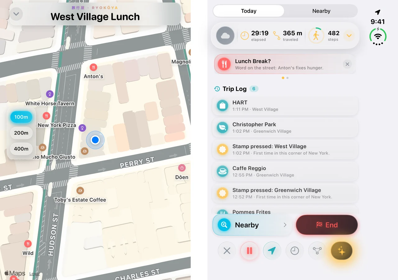Ryokōya on the open iPhone Duo: the sample West Village walk’s live map on the left page, with its stops, neighborhood stamps and trip controls on the right.