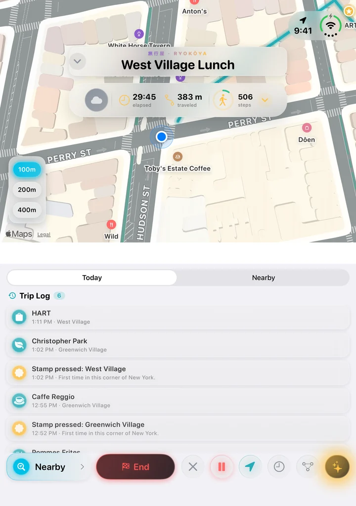 Ryokōya in the iPhone Duo’s half-folded layout: the West Village map above the fold, with the trip log and controls on the lower page.