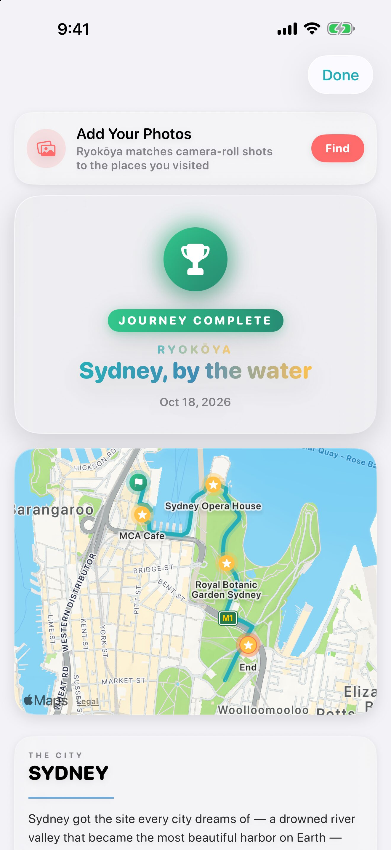 A completed Ryokōya trip on October 18, 2026, “Sydney, by the water”: the route from The Rocks past MCA Cafe, the Sydney Opera House and the Royal Botanic Garden, with its stops starred on an Apple Maps map, above the city card for Sydney.